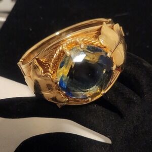 Vintage Gold Tone Ornate Hinged Bangle Bracelet Blue Yellow Faux Gemstone Leaf